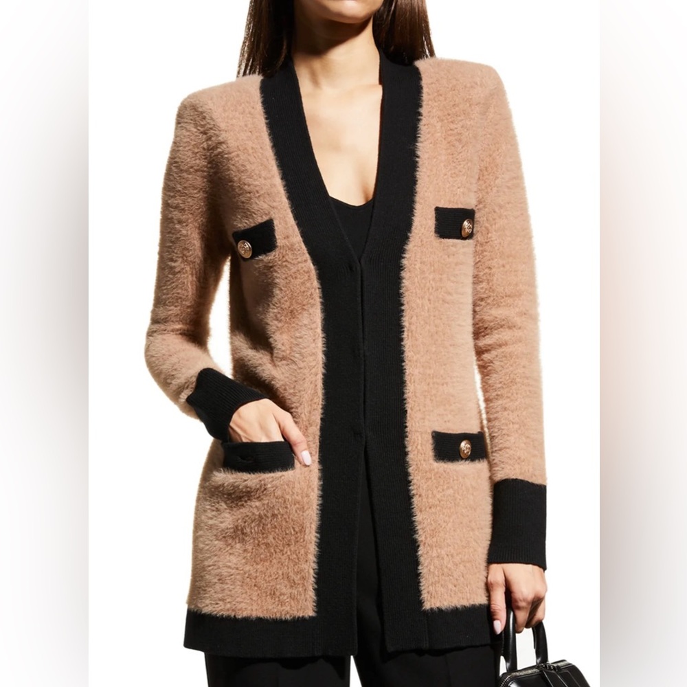 Lagence Women's camel and Black fuzzy Cardigan Sweater.